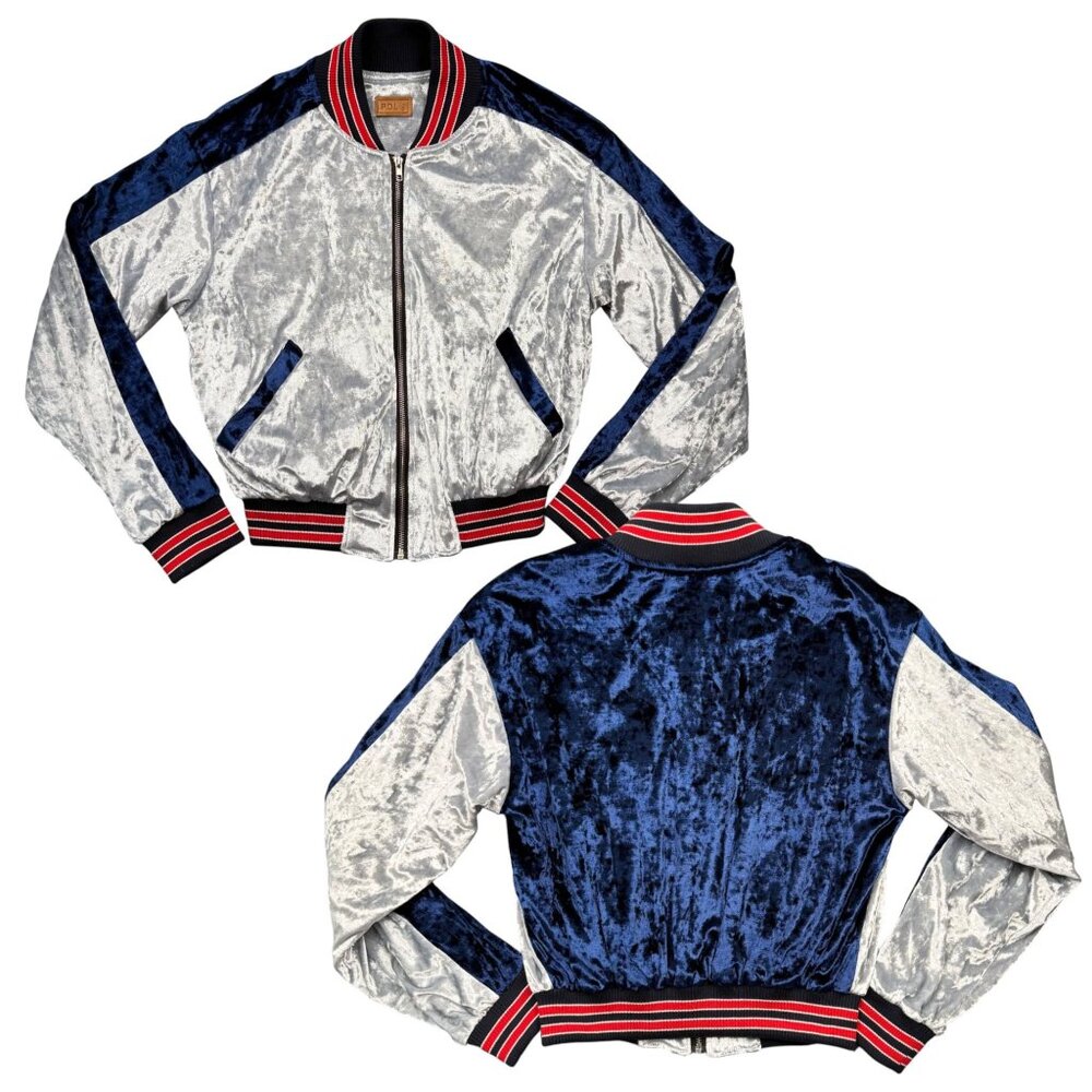 POL Crushed Velvet Colorblock Bomber Jacket Y2K Sporty Luxe Women S Blue Silver - Picture 2 of 11